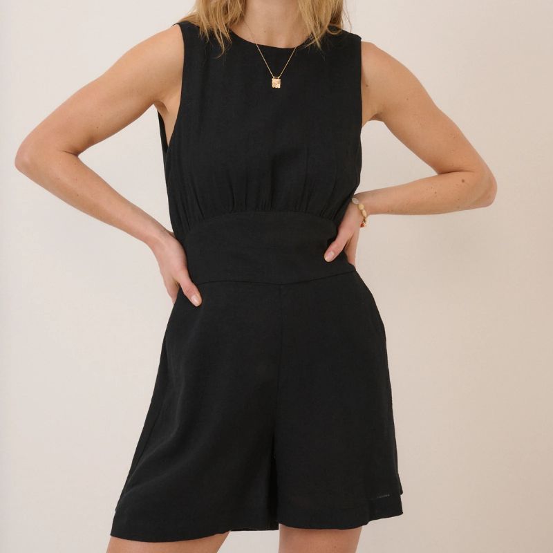 Nobody's Child , Black Linen-Blend Playsuit