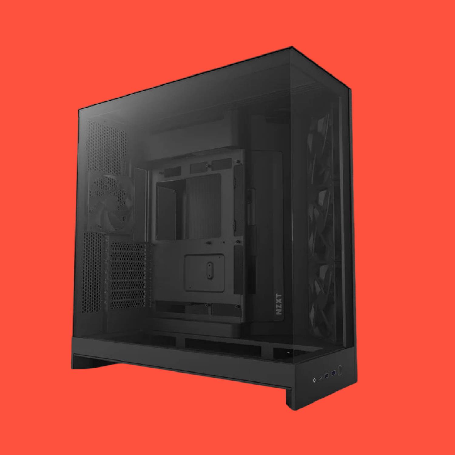 NZXT H9 Flow RGB+ PC case on a red background 