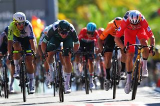 CASTELO BRANCO PORTUGAL AUGUST 19 LR Arne Marit of Belgium and Team IntermarcheWanty Kaden Groves of Australia and Team Alpecin Deceuninck Green Points Jersey Jon Aberasturi of Spain and Team Euskaltel Euskadi and Wout van Aert of Belgium and Team Visma Lease a Bike Red Leader Jersey sprint at finish line to win the stage during the La Vuelta 79th Tour of Spain 2024 Stage 3 a 1915km stage from Lousa to Castelo Branco UCIWT on August 19 2024 in Castelo Branco Portugal Photo by Tim de WaeleGetty Images