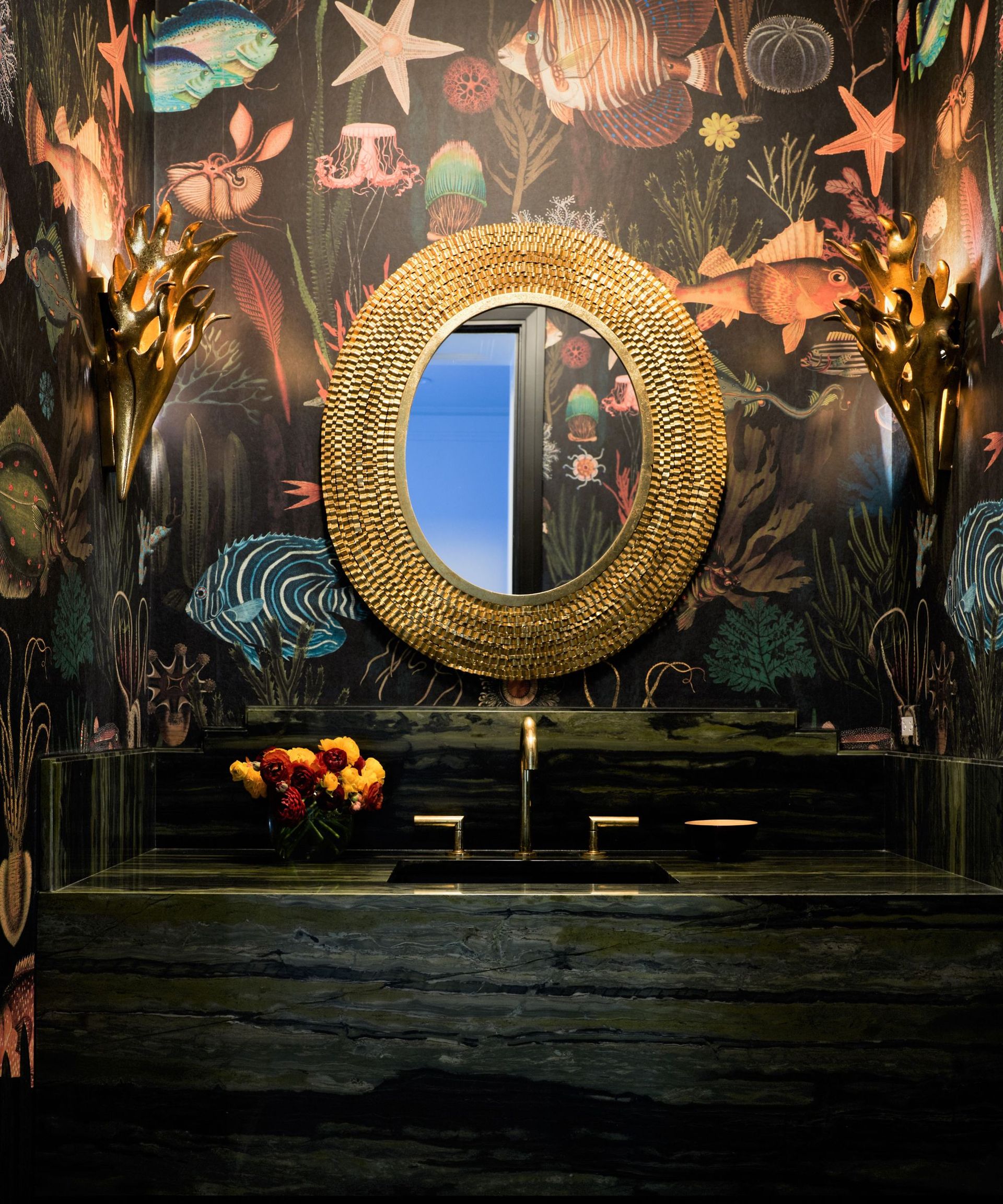 under the sea themed wallpapered powder room small bathroom