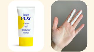 Side by side images showing Supergoop! Play Everyday Lotion SPF 50 and swatches
