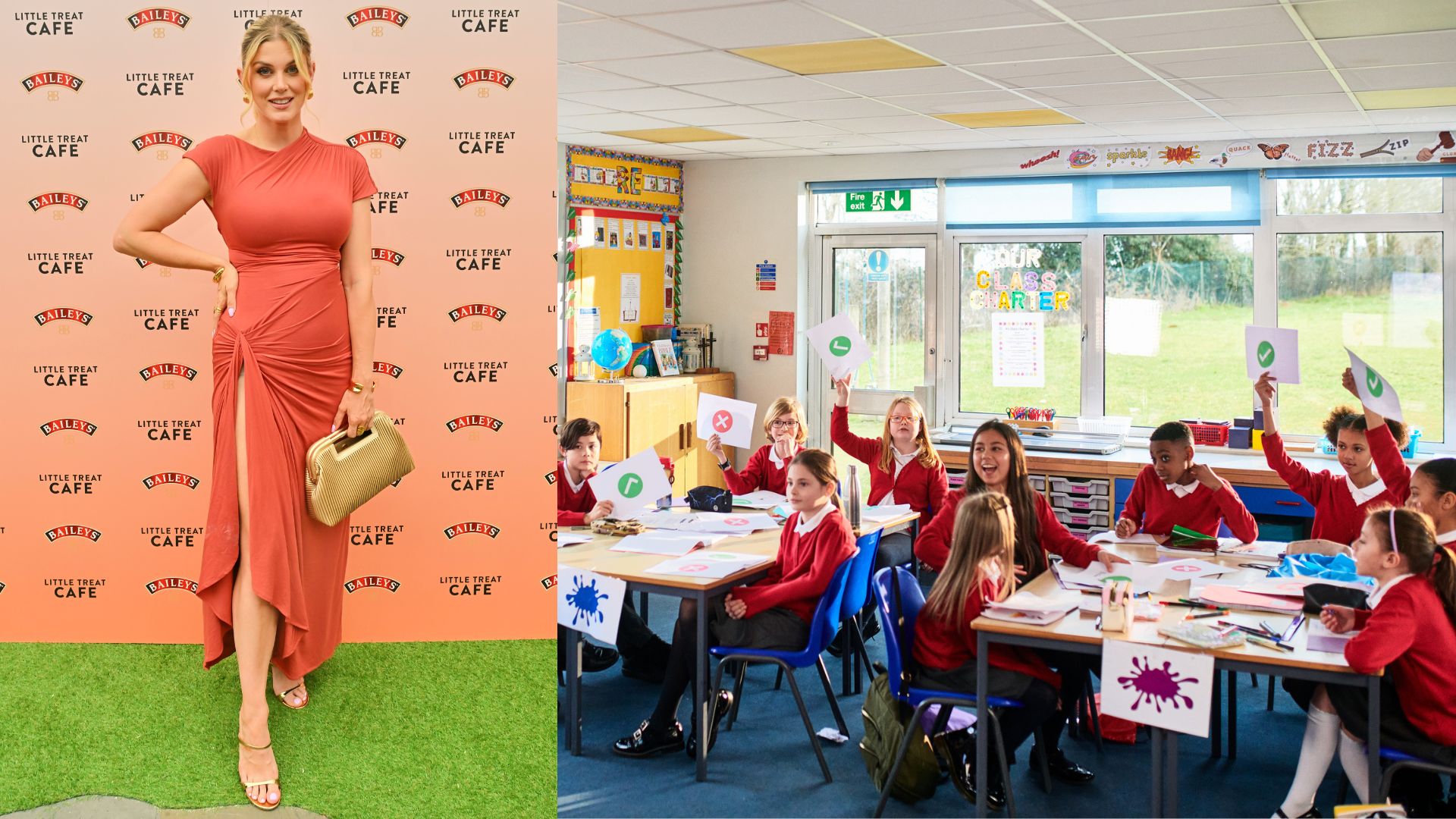 A composite image of Ashley James, and a classroom of children voting with ticks or crosses