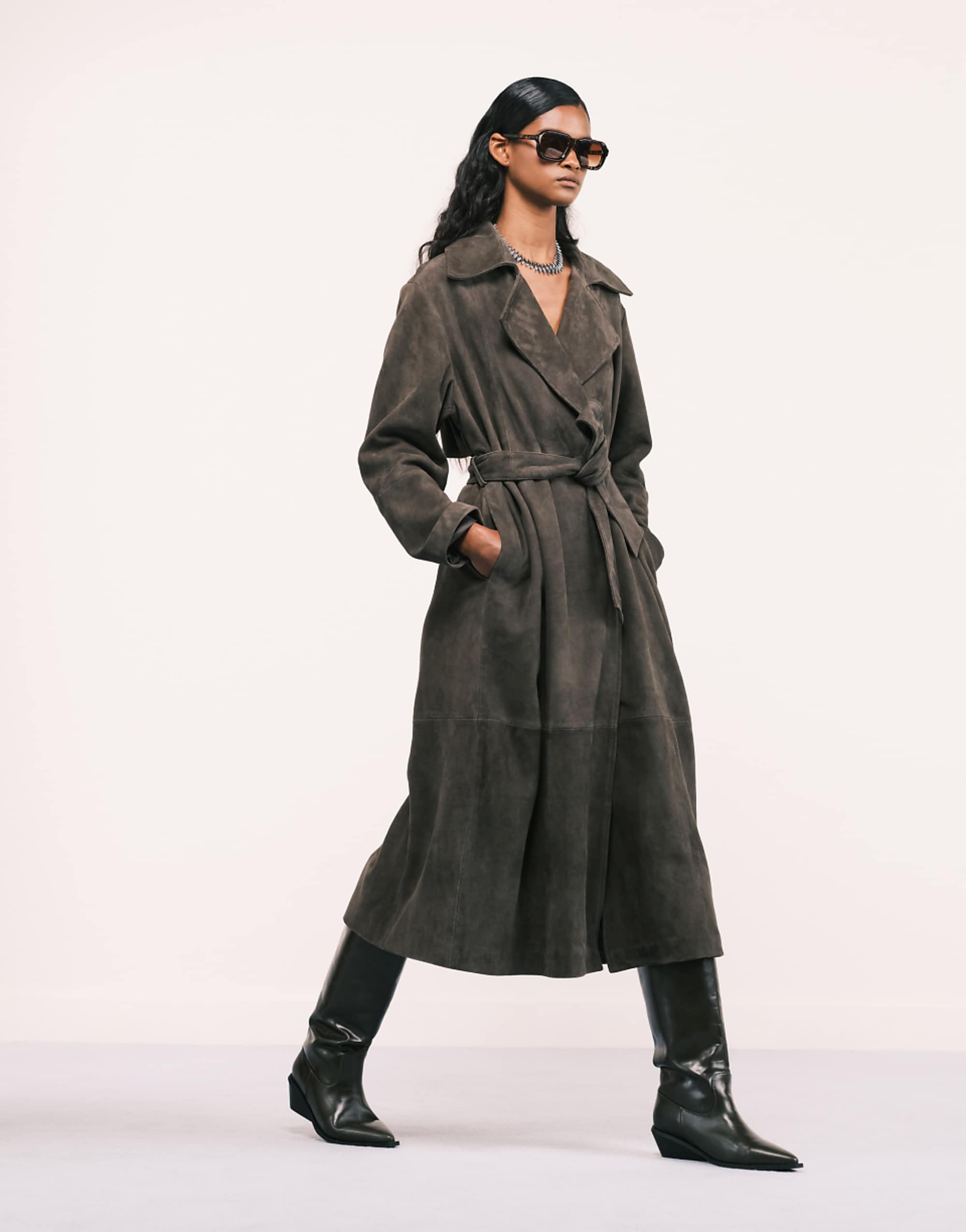 Asos Design Premium Suede Trench Coat in Dark Olive