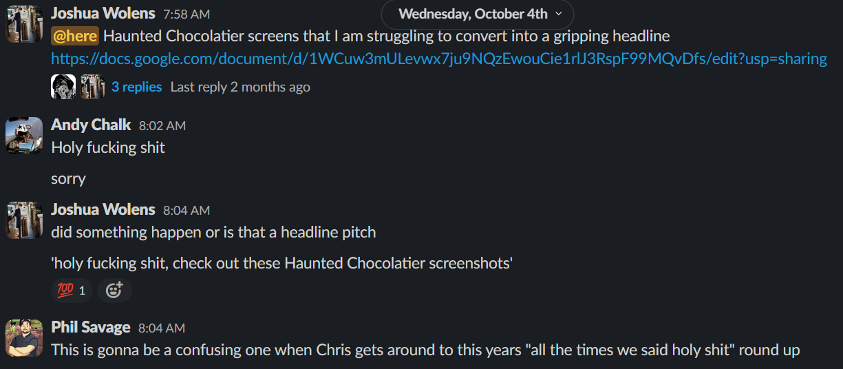 Andy Chalk follows a linked story draft about Haunted Chocolatier screenshots with a 