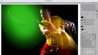 A stroboscopic flash portrait of a tennis player in a studio on a black background wearing a yellow shirt