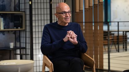 Microsoft CEO Satya Nadella speaking during an interview on "The Circuit with Emily Chang" at the Microsoft campus in Redmond, Washington, US.