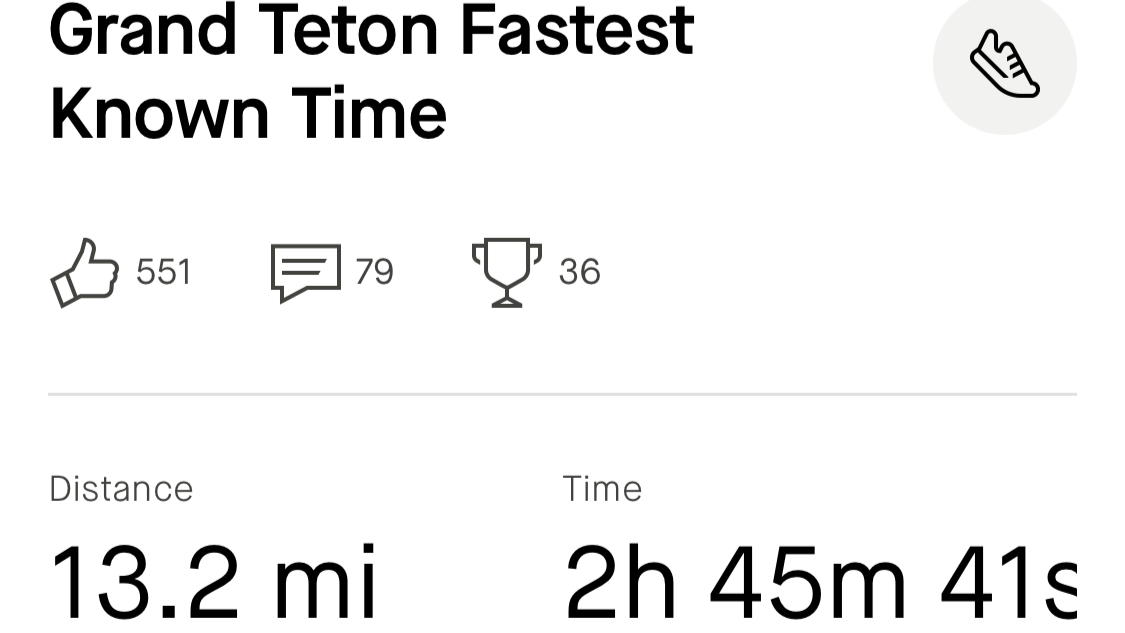 Screenshot of Michelin Sunseri's Strava account showing his time on Grand Teton