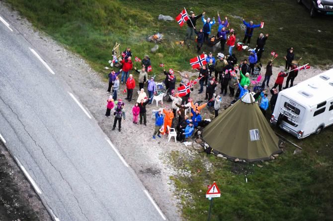 Norwegian fans wave the helicopter