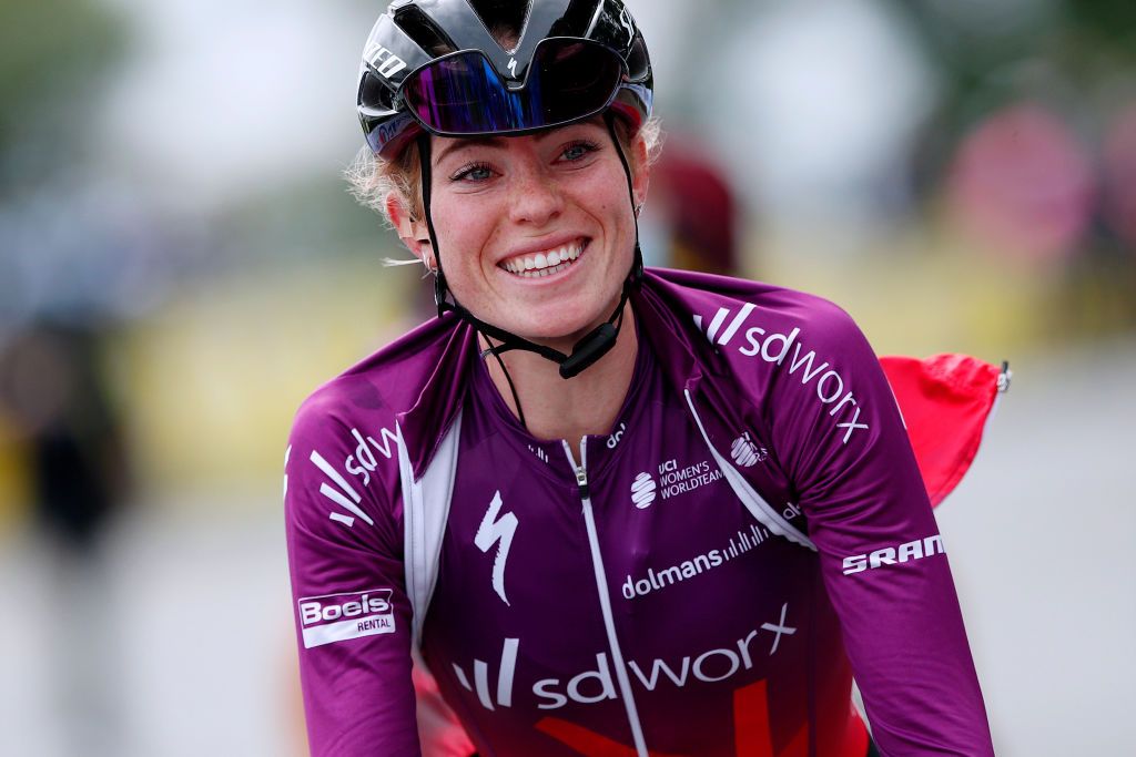 LANDERNEAU FRANCE JUNE 26 Demi Vollering of Netherlands and Team SD Worx stage winner celebrates at arrivalduring the 8th La Course By Le Tour De France 2021 a 1077km race from Brest to Landerneau Cte De La Fosse Aux Loups 176m LaCourse LeTour TDF2021 UCIWWT on June 26 2021 in Landerneau France Photo by Christophe PetitTesson PoolGetty Images