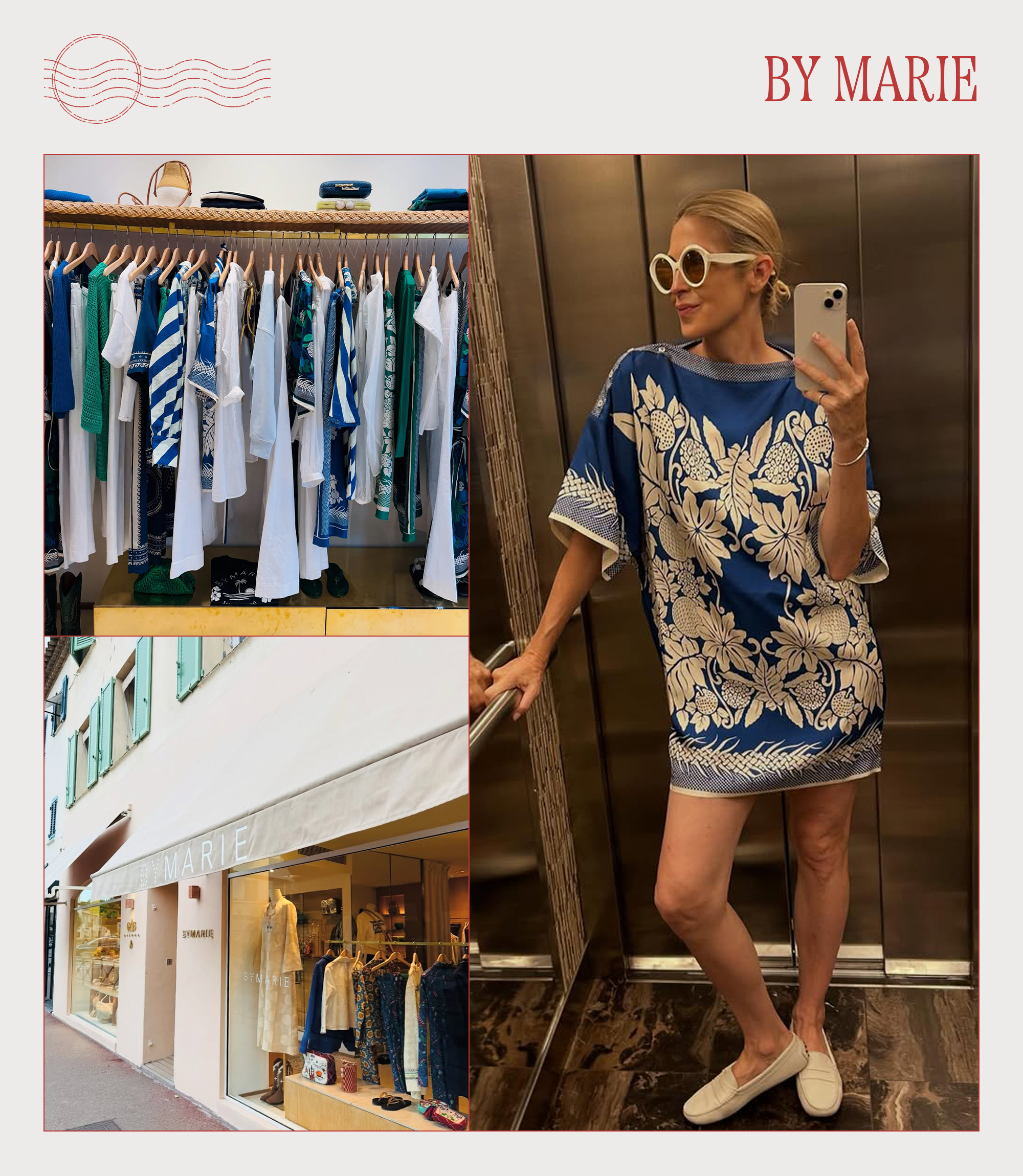 Kelly Rutherford wearing By Marie and the facade of the Saint-Tropez boutique