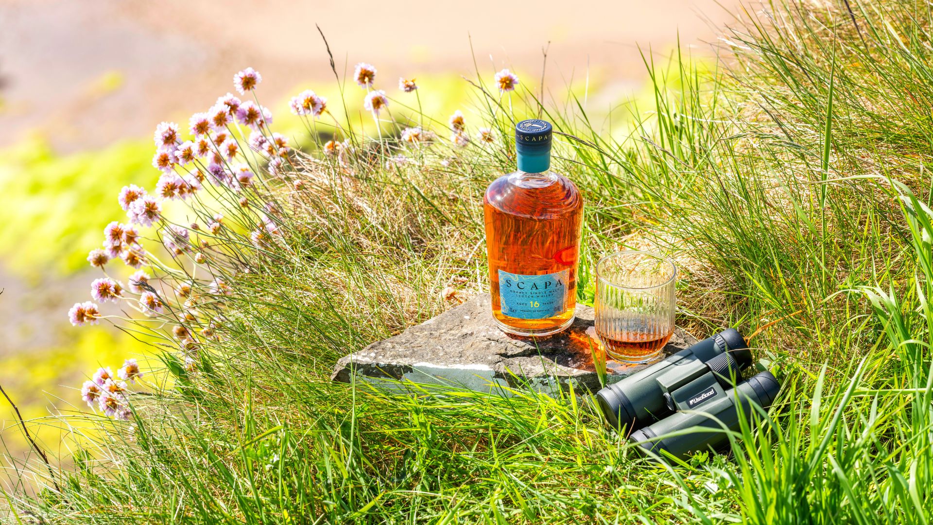 an image of the Scapa 16 bottle and tumbler with a dram poured into it. They are on a small stone square on a grassy bank in the Orkney islands. There is heather growing on the bank and a small pair of binoculars is resting next to the whisky 