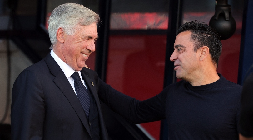 Carlo Ancelotti and Xavi ahead of a LaLiga video game in between Barcelona and Real Madrid in October 2023.