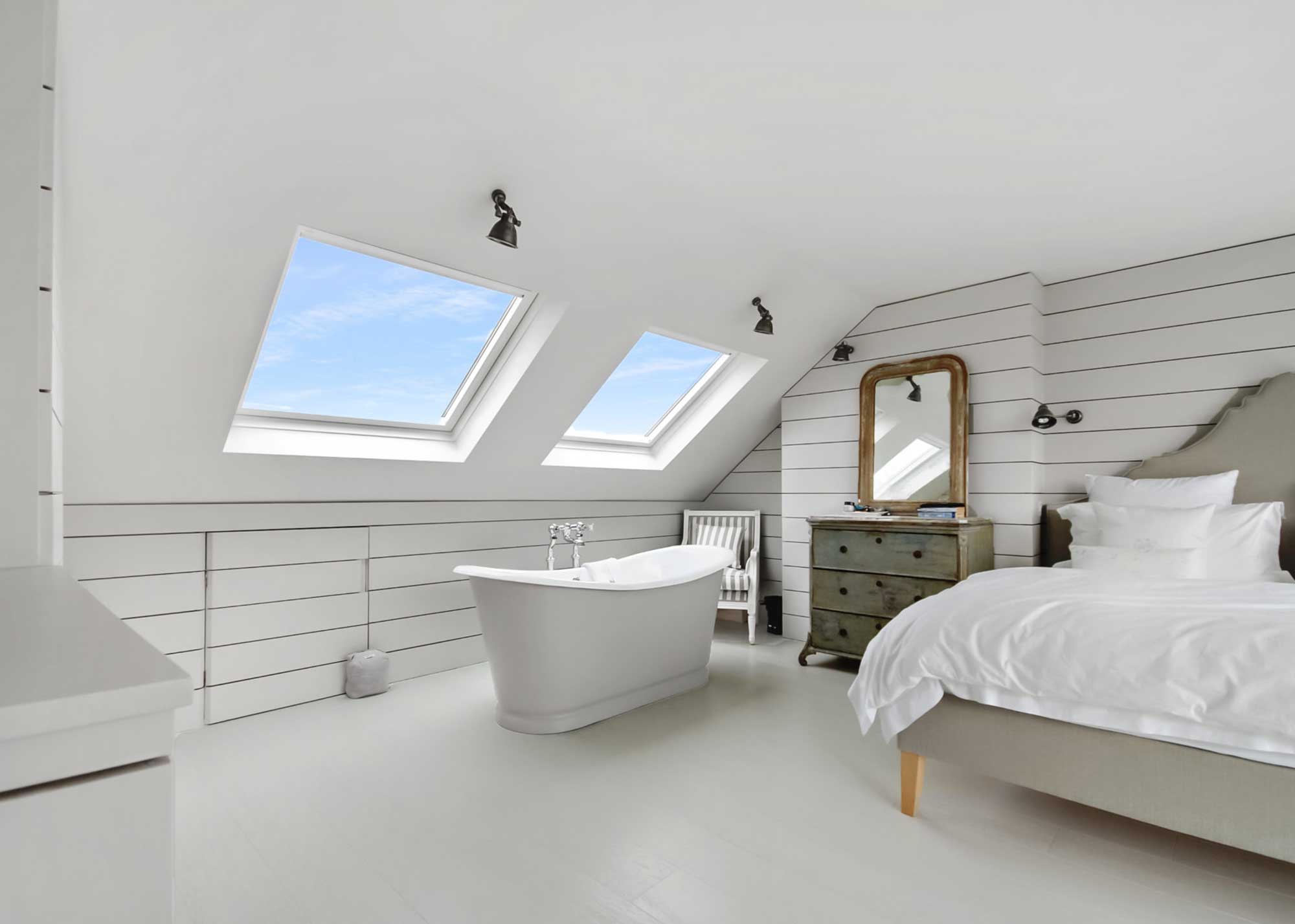 rooflight loft conversion with bedroom and freestanding bath