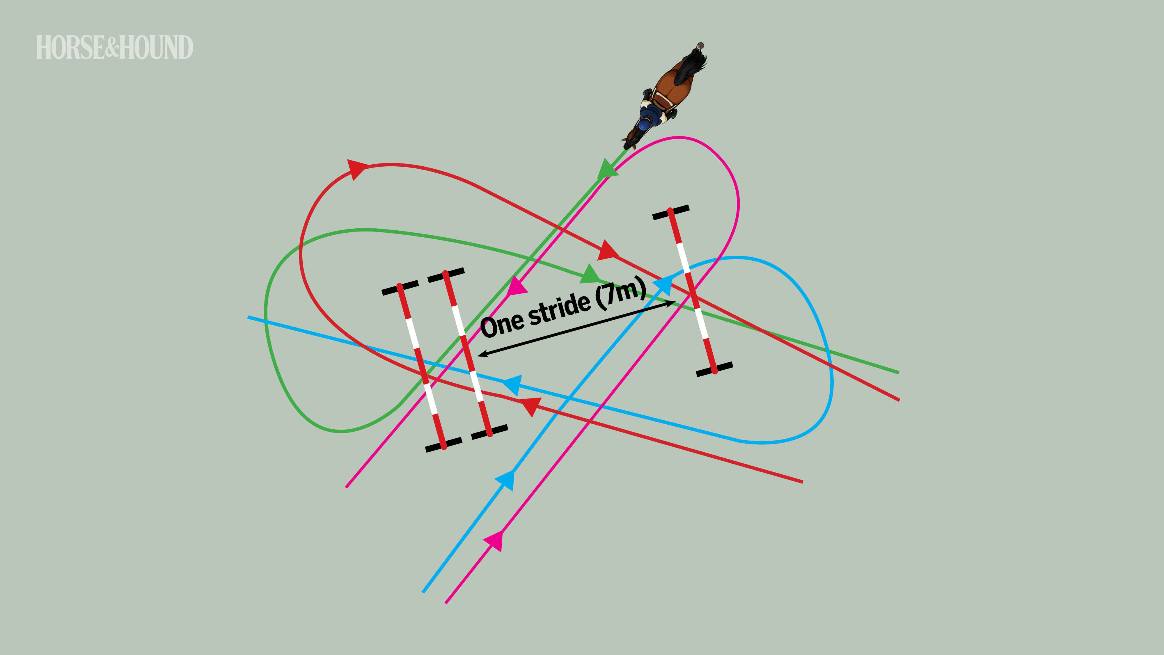 A jumping exercise diagram for horses with two fences and multiple options shown