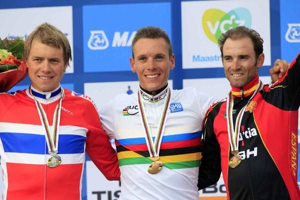 The podium: Edvald Boasson Hagen (Norway), Philippe Gilbert (Belgium) and Alejandro Valverde (Spain)