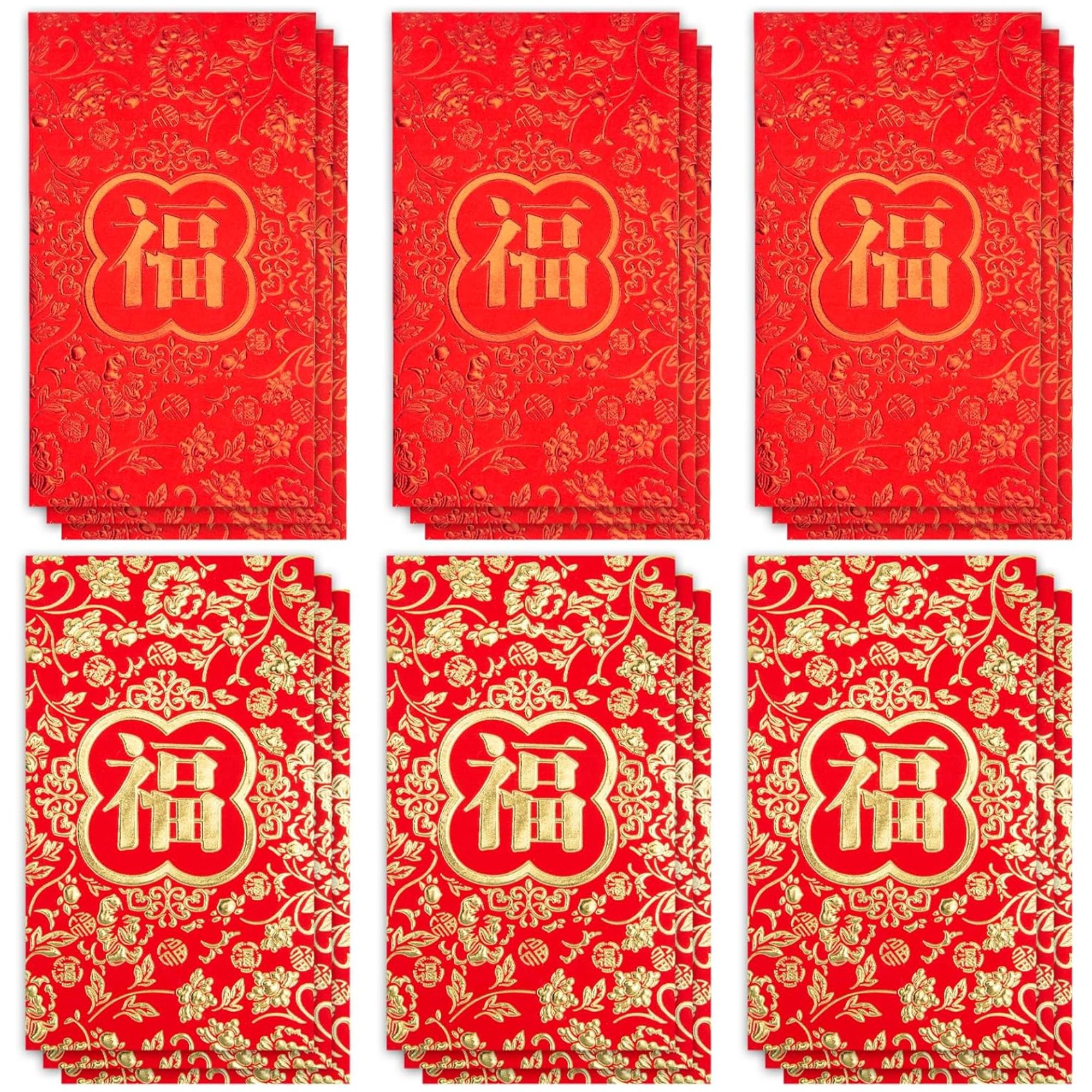 Chinese new year red envelopes with gold detailing and patterns