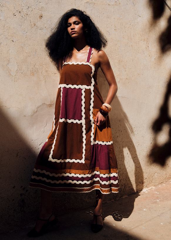 Jackson Dress - Brown Camel Burgundy Patchwork - Organic Cotton - S&amp;eacute;zane