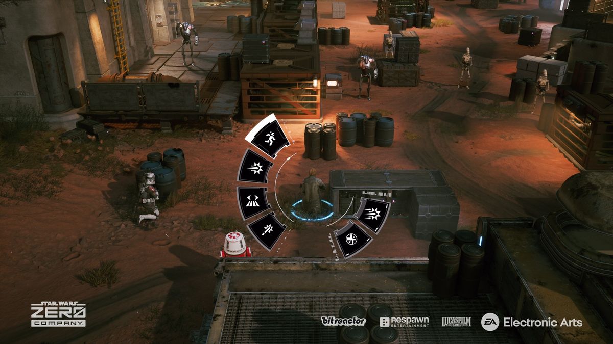 Still from the turn-based tactics video game 'Star Wars: Zero Company'. The focus is on a human character kneeling in the center. Around them is a 'wheel' of action choices for the player to pick. They are fighting alongside their squad, facing heavily armed droids in a setting with lots of barrels and storage containers for cover.