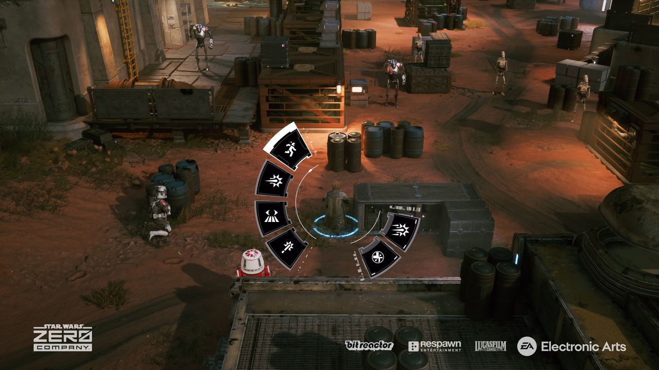 Still from the turn-based tactics video game 'Star Wars: Zero Company'. The focus is on a human character kneeling in the center. Around them is a 'wheel' of action choices for the player to pick. They are fighting alongside their squad, facing heavily armed droids in a setting with lots of barrels and storage containers for cover.