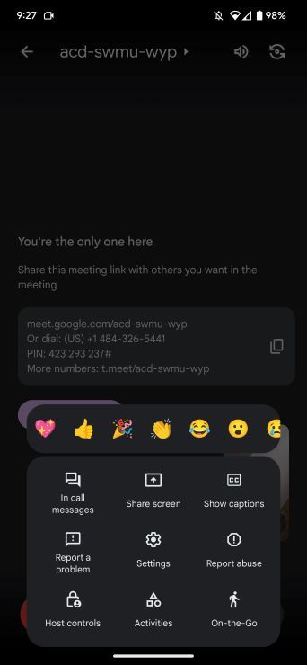 Google Meet on the go mode interface