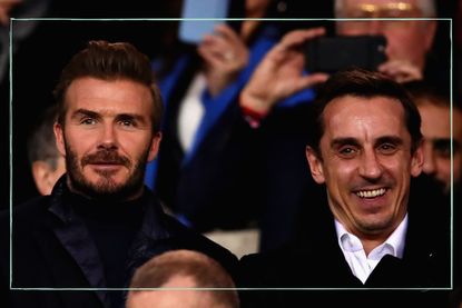 A close up of David Beckham (left) and Gary Neville (right) in a football crowd