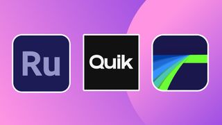 The logos of three of the best video editing apps on a purple background