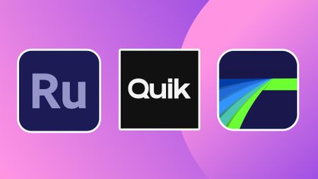 The logos of three of the best video editing apps on a purple background