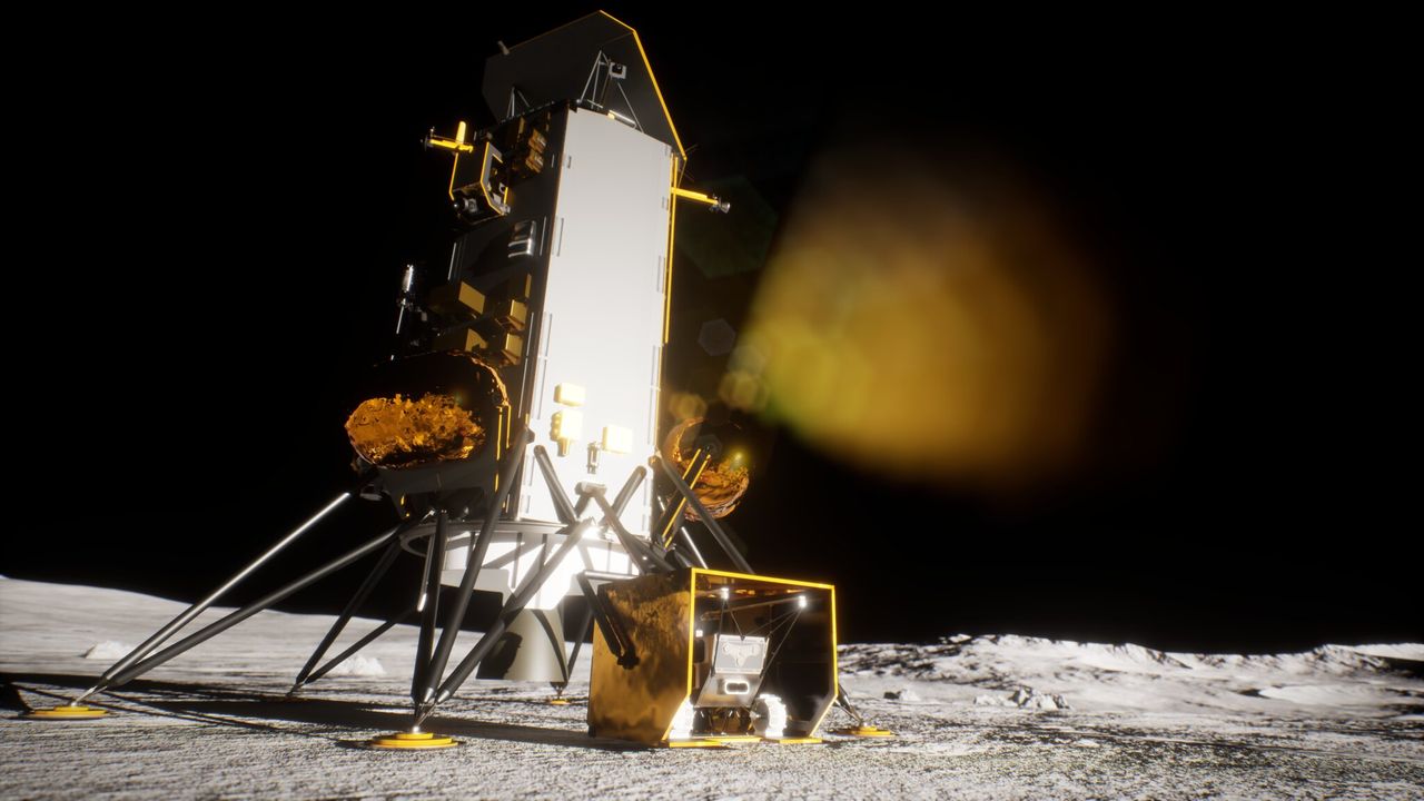 Graphic illustration shows the Nova-C lander with six legs and a tall body standing on the surface of the moon. A golden box containing a small rover is lowered from the lander.