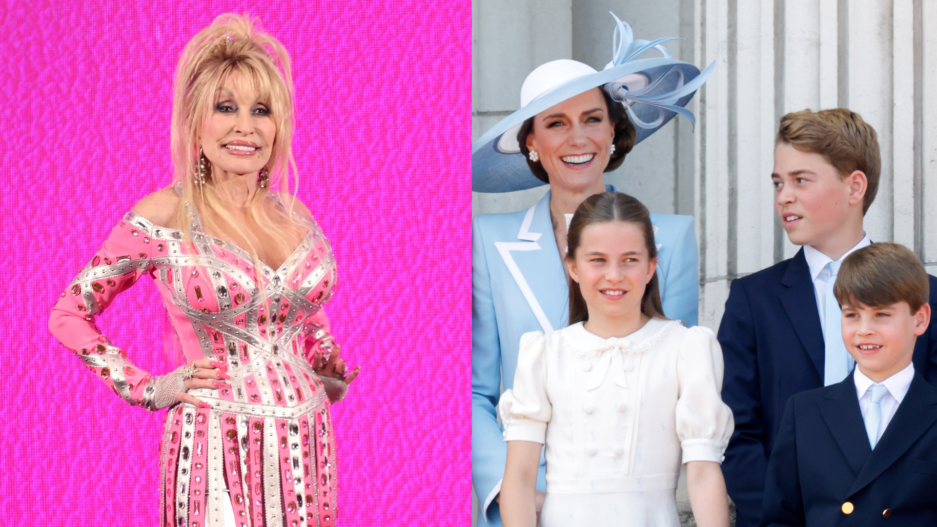 Dolly Parton standing against a bright pink background; Princess Kate wearing a blue suit and hat standing with Princess Charlotte, Prince George and Prince Louis on the Buckingham Palace balcony