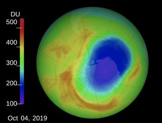 The ozone hole (blue) can be seen here over Antarctica on Oct. 4, 2019.