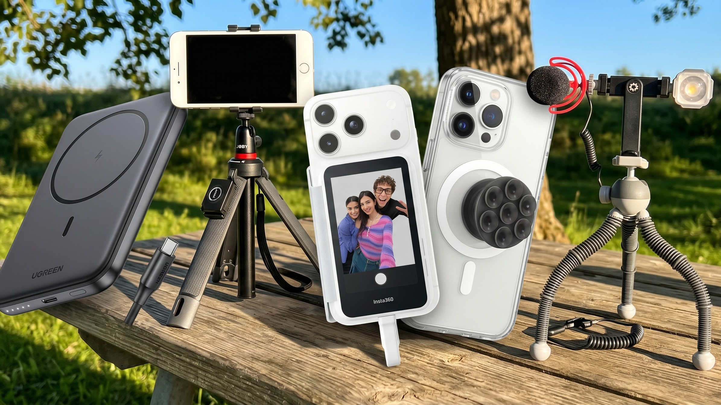 Selection of camera phone accessories on a bench