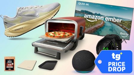 Compilation showing Nike running shoes, Ninja outdoor oven, Fire TV, Echo speaker, Garmin smartwatch.