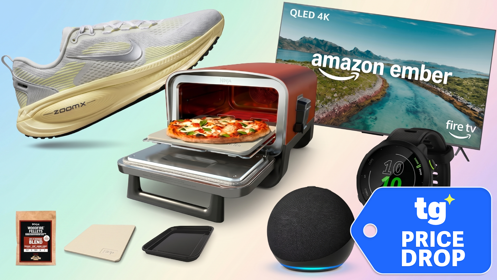 Compilation showing Nike running shoes, Ninja outdoor oven, Fire TV, Echo speaker, Garmin smartwatch.