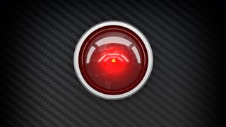 The red 'eye' of HAL 9000 rendered on a faux carbon fiber background.