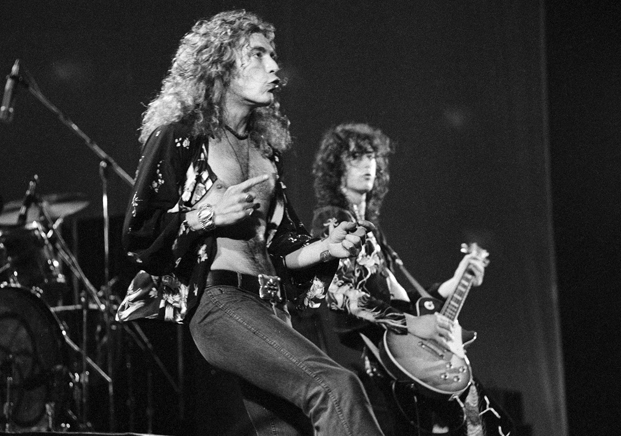 Robert Plant and Jimmy Page performing with Led Zeppelin,at Earl's Court, London, May 1975.