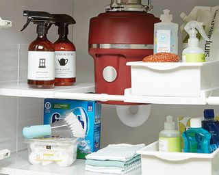 An under sink kitchen storage unit by The Container Store with various containers and cleaning products