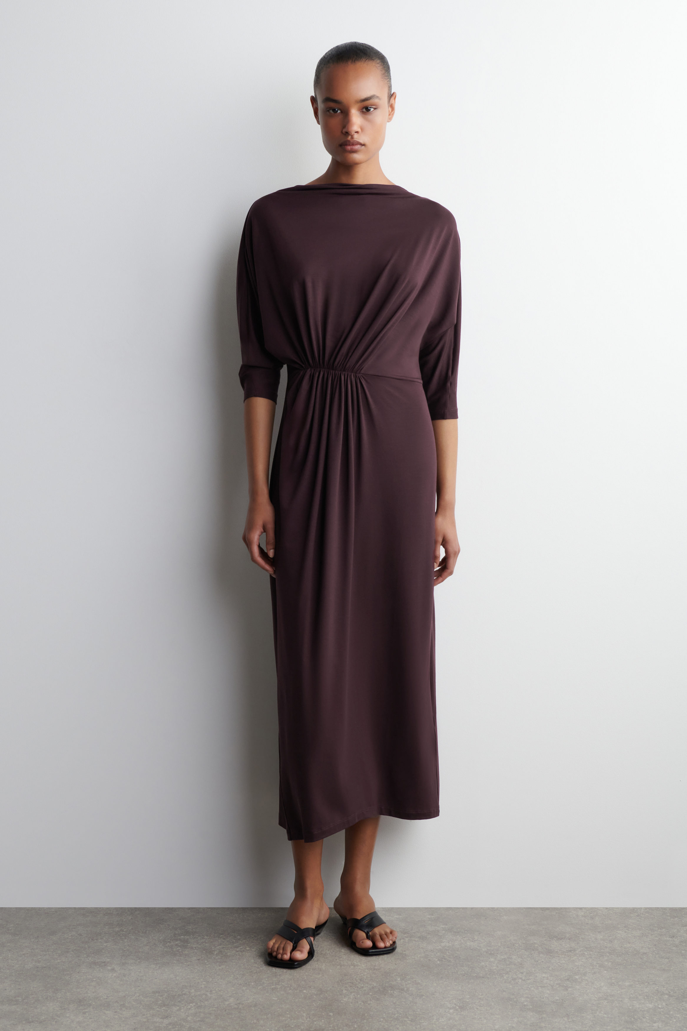 Gathered-Waist Draped Midi Dress