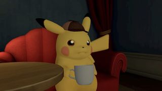 Detective Pikachu holding a coffee cup