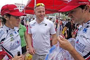 Velo Club/La Pomme Marseille team-manager Arvis Piziks (centre) would be pleased with his jersey wearing duo of Justin Jules (left) and Julien Antomarchi but knows too well the job isn't done yet.