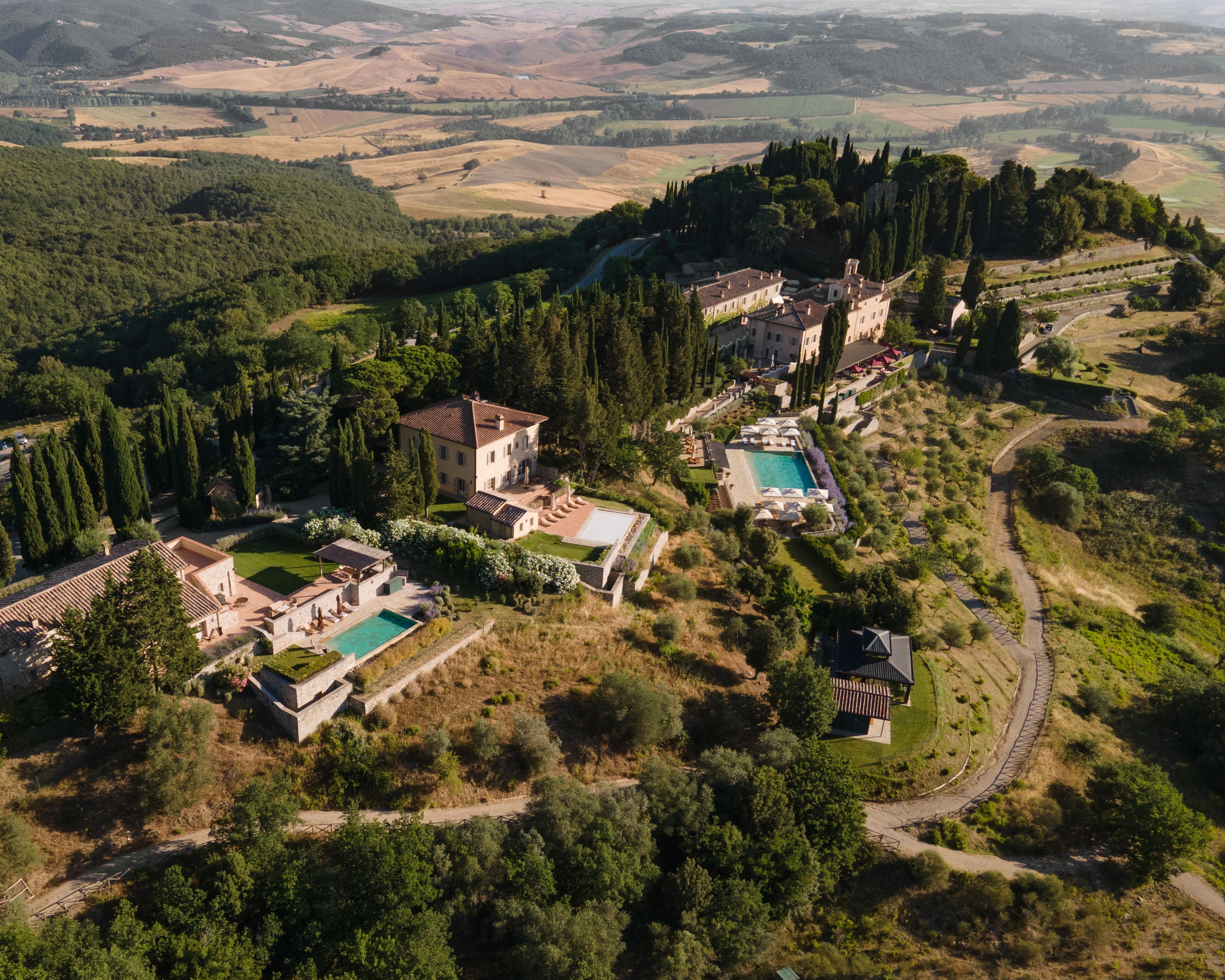 An aerial view of Rosewood Castiglion del Bosco in the Tuscan countryside