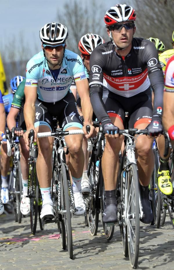 Boonen and Cancellara side by side at the Tour of Flanders, shortly before a horror crash ended the Swiss rider's cobbles campaign