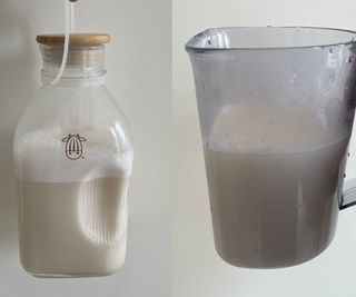 Almond Cow Milk Maker almond milk on the left with Nama's almond milk on the right
