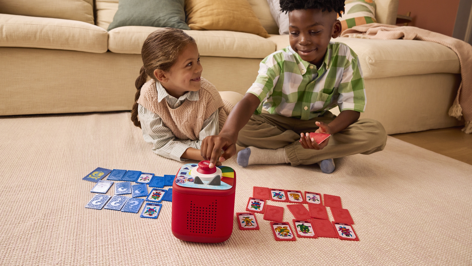 Toniebox 2 with Guess Who? Tonieplay game in lifestyle photo of two kids playing