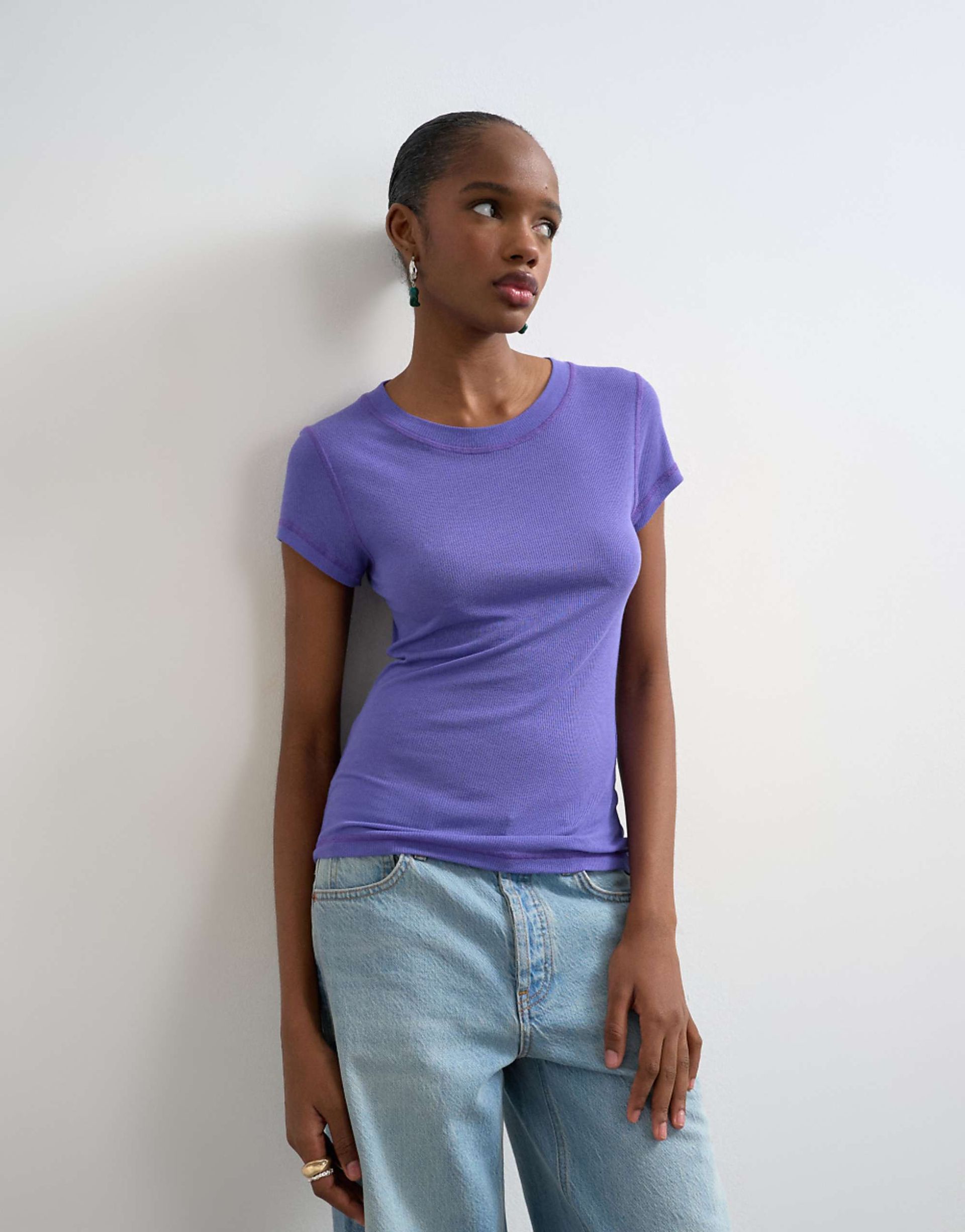 Topshop Premium Sheer Rib Knit Long Sleeve Top in Purple