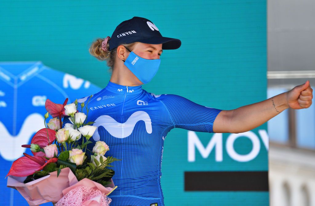 MORTEGLIANO ITALY JULY 09 Emma Norsgaard Jorgensen of Denmark and Movistar Team celebrates at podium during the 32nd Giro dItalia Internazionale Femminile 2021 Stage 8 a 1294km stage from San Vendemiano to Mortegliano GiroDonne UCIWWT on July 09 2021 in Mortegliano Italy Photo by Luc ClaessenGetty Images