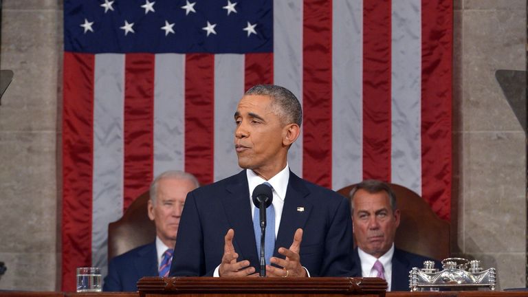 State of the Union 2015, Barak Obama at podium in front of American flag