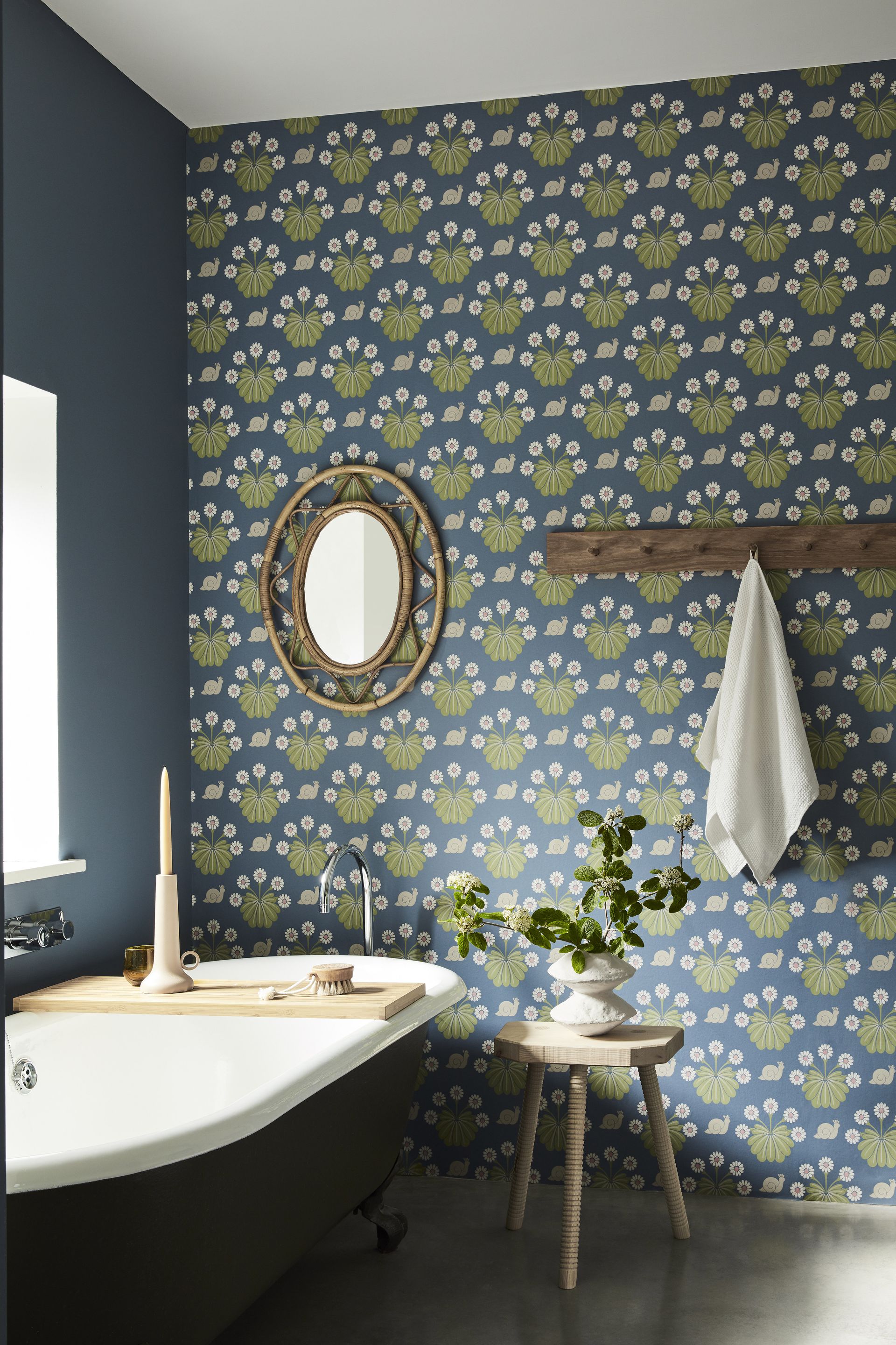 Family bathroom with patterned wallpaper