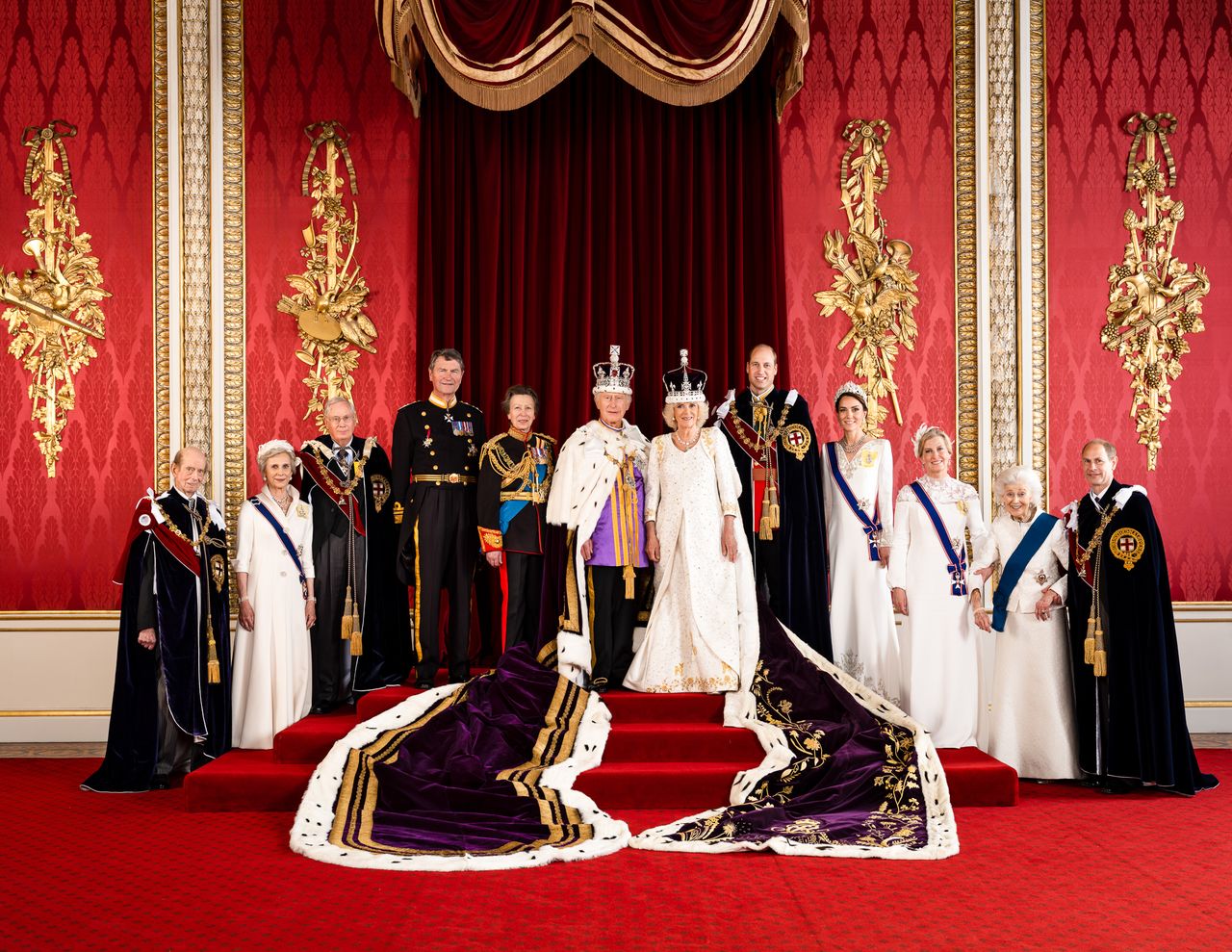 The official Coronation Portrait of King Charles III, the Queen Consort and the senior royals. Pictured from left to right: The Duke of Kent, The Duchess of Gloucester, The Duke of Gloucester, Vice Admiral Sir Tim Laurence, The Princess Royal, The King, The Queen, The Prince of Wales, The Princess of Wales, The Duchess of Edinburgh, Princess Alexandra, The Duke of Edinburgh. Credit: Hugo Burnand / Royal Household