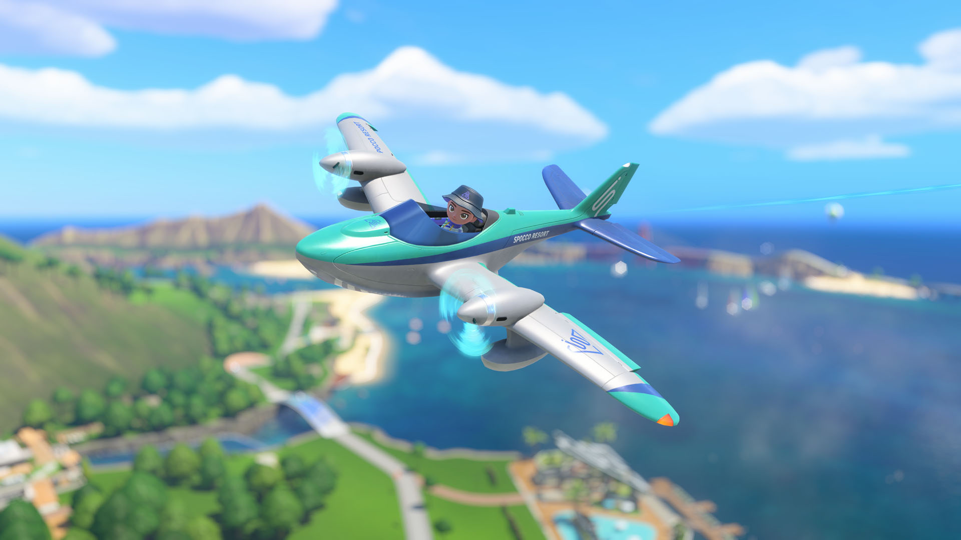 The player flies a small plane over Wuhu Island in Nintendo Switch Sports Resort