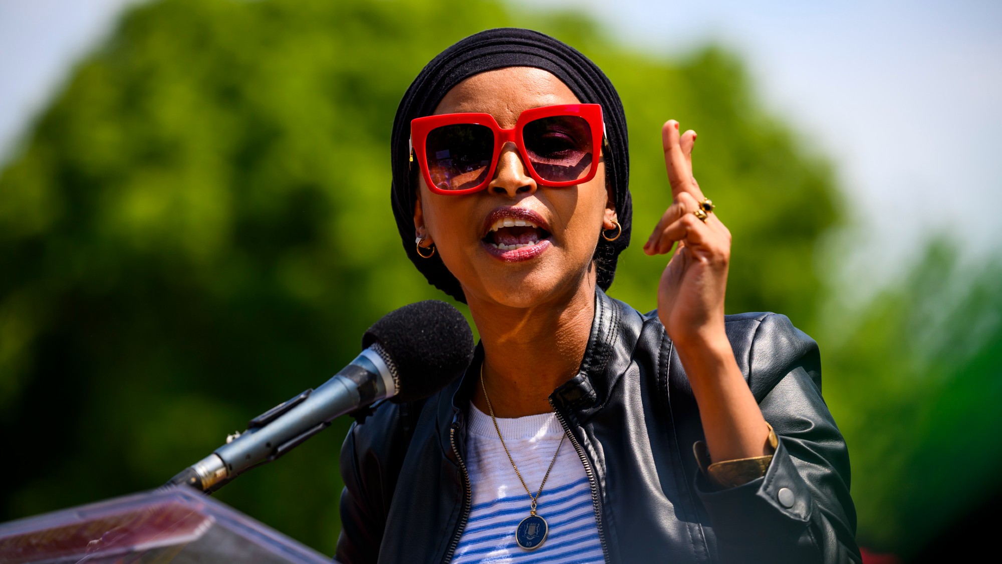 Ilhan Omar gives a speech following a 1 May march to Lafayette Square, in Washington, DC